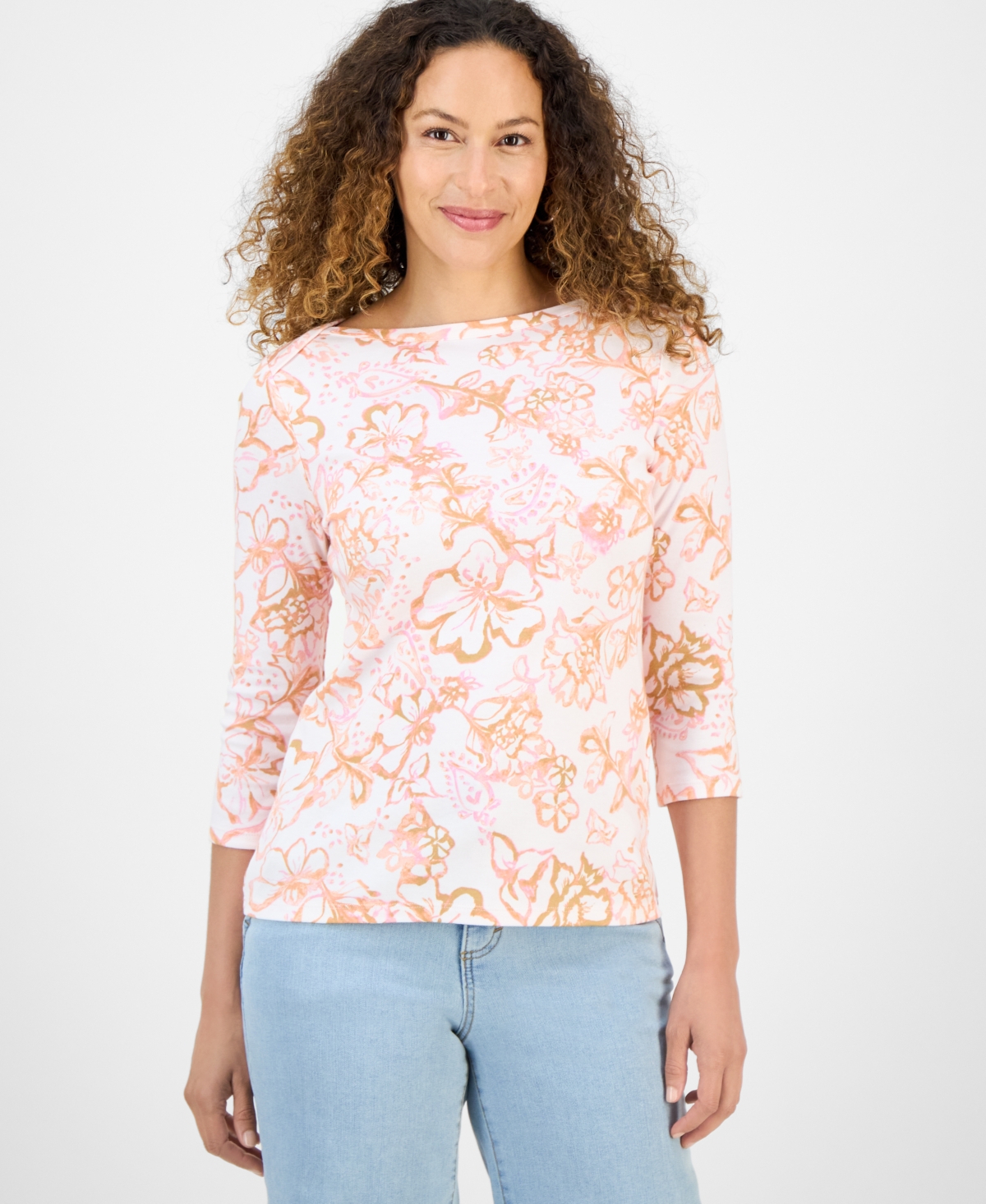 Petite Floral Print Pima Cotton 3/4-Sleeve Top, Exclusively at Macy's - Blushing Combo