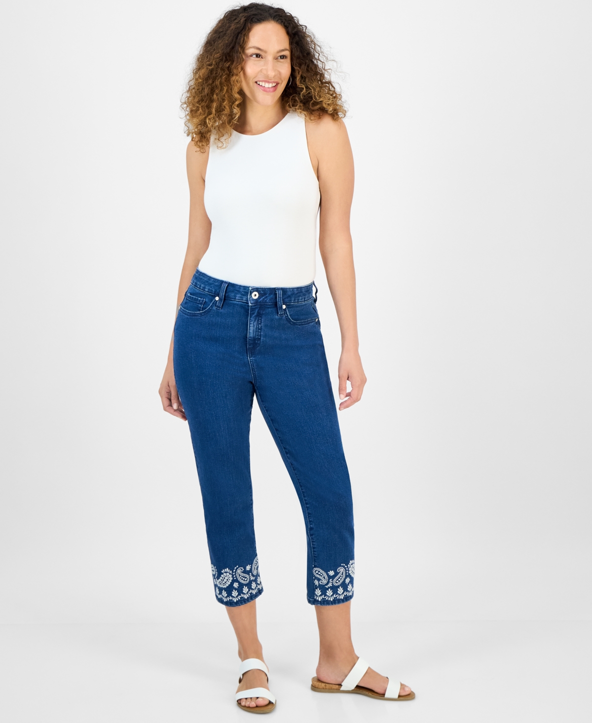 Petite Embroidered-Hem Cropped Jeans, Exclusively at Macy's - Eyelet Embroidered