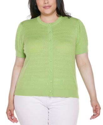 Plus Size Pointelle Scalloped-Placket Cardigan Sweater