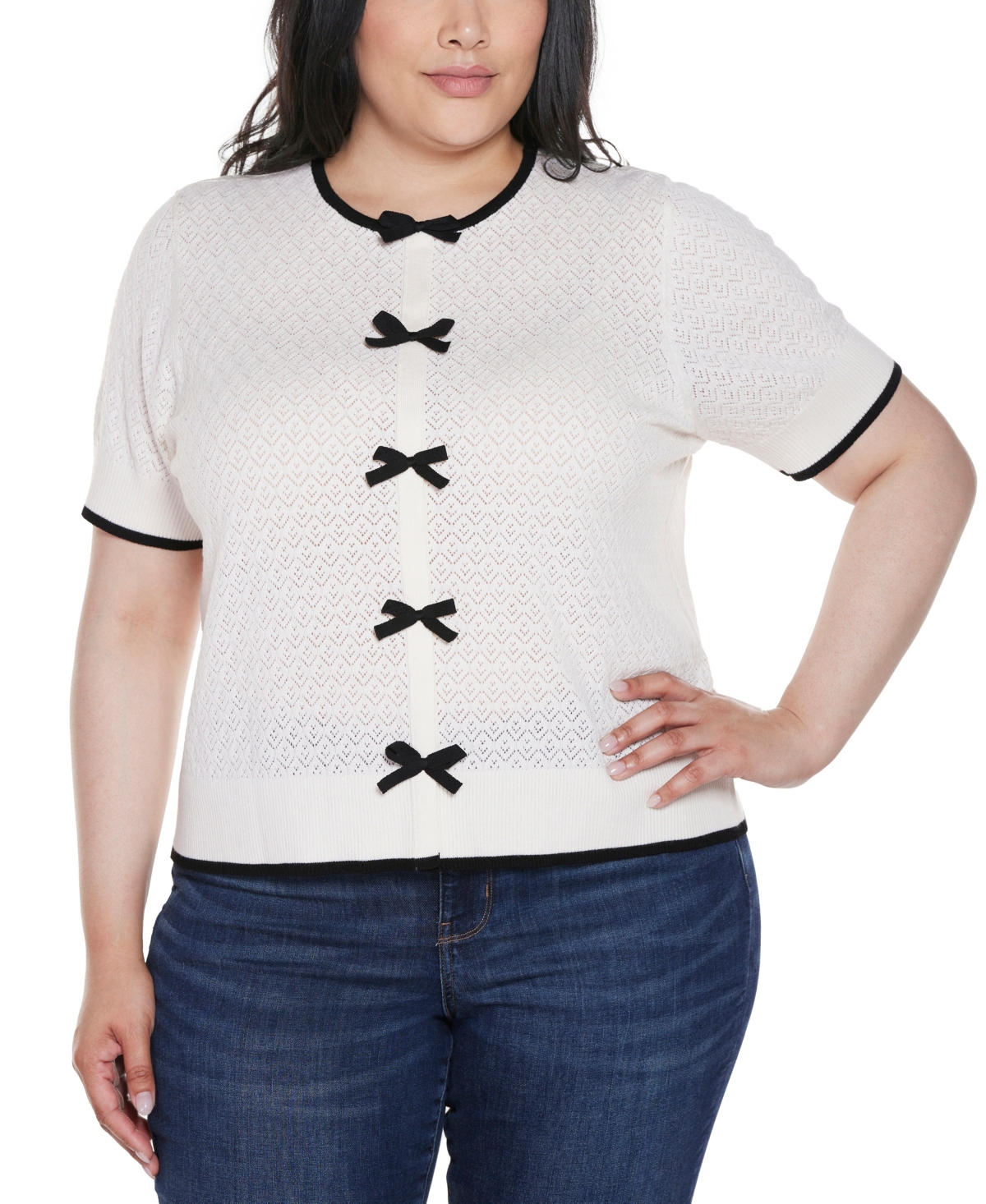 Shop Belldini Plus Size Bow Detail Pointelle Short Sleeve Sweater