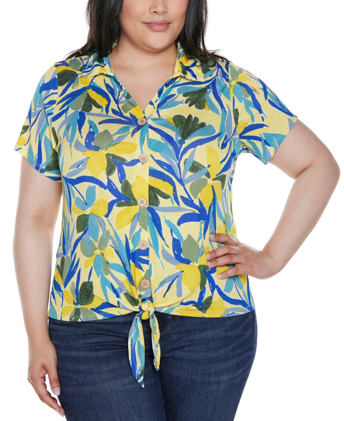 Plus Size Tropical Tie-Front Knit Top - Tropical Yellow