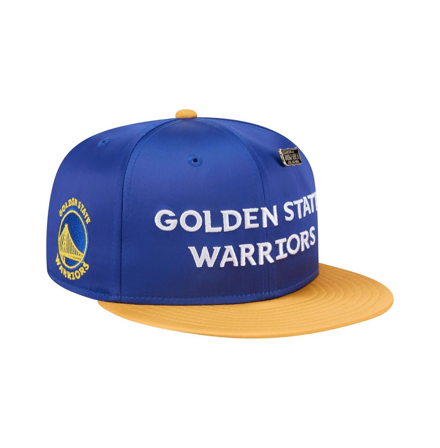 Мужская кепка New Era Royal/Gold Golden State Warriors Throwback Satin Vintage Pin Two-Tone 59FIFTY Fitted Hat — фото 1