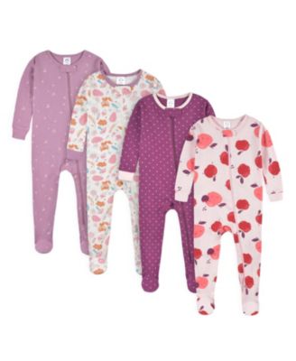 Baby Girls 4-Pack Snug Fit Footed Cotton Pajamas, Apple and Woodland Floral, 12 Months