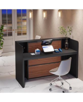 Reception Desk with LED Lights, 63-Inch Front Counter Table for Checkout, Lobby, Salon, Retail, Store, or Office Use