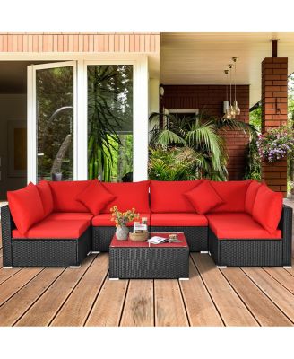 7PCS Rattan Patio Conversation Set Sectional Furniture Set w/ Red Cushion