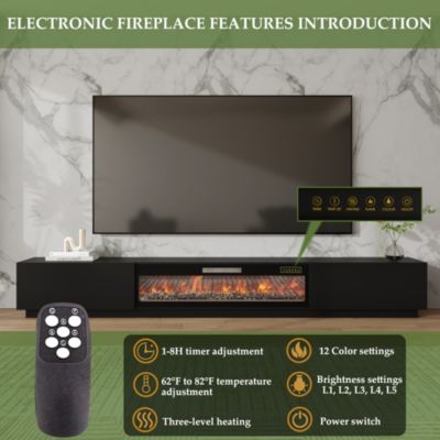 46 Inch black Crystal Electric Fireplace with Black TV Stand, 12 Color Flame, 5 Brightness Levels