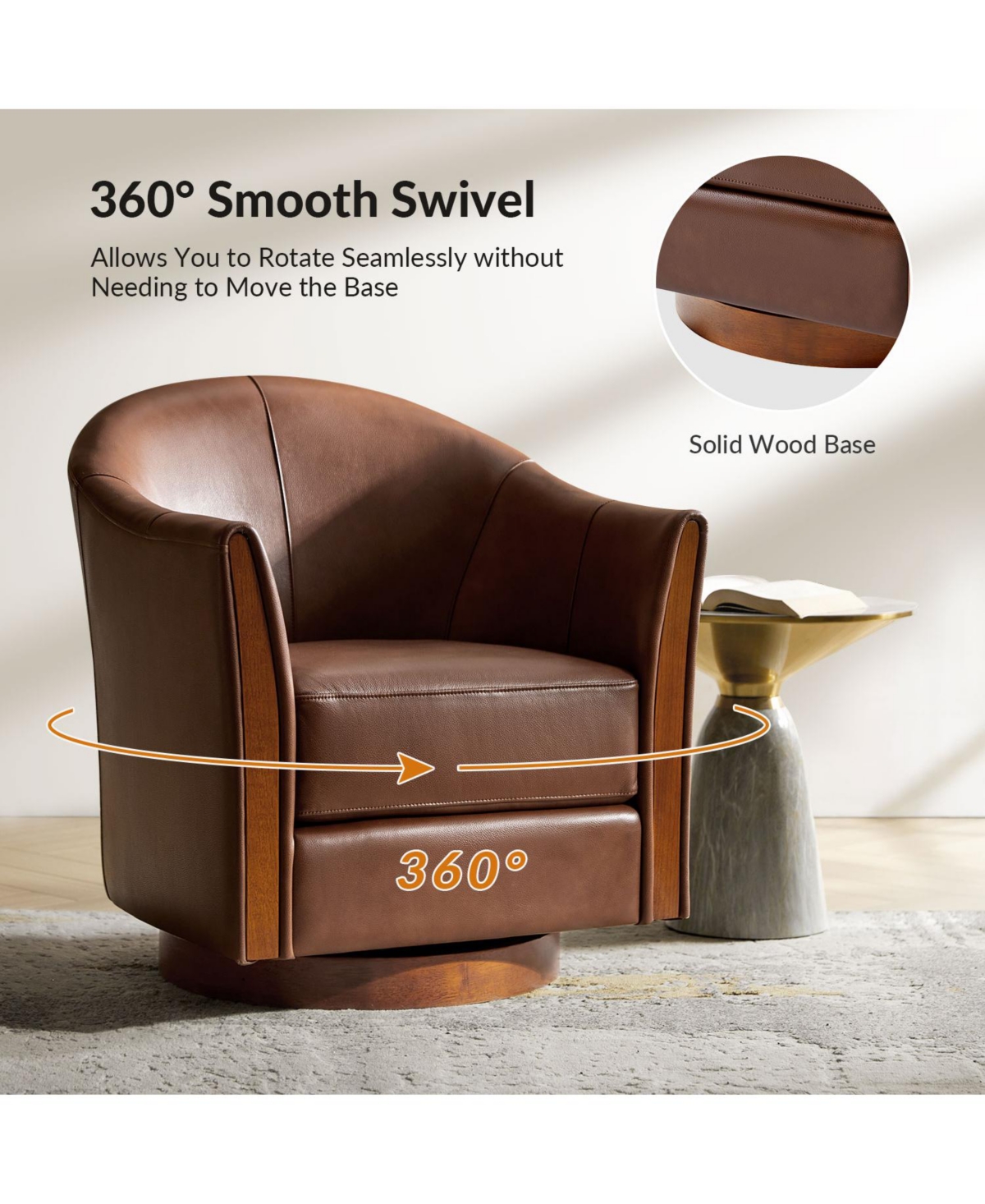 Raul Transitional Genuine Leather 360-degree Swivel Barrel Chair with Solid Wood Base and Armrest