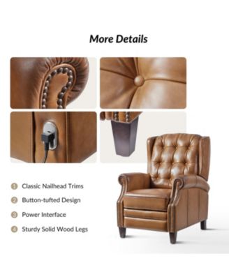 Silvia Button-tufted Genuine Leather Power Recliner with Solid Wood Legs
