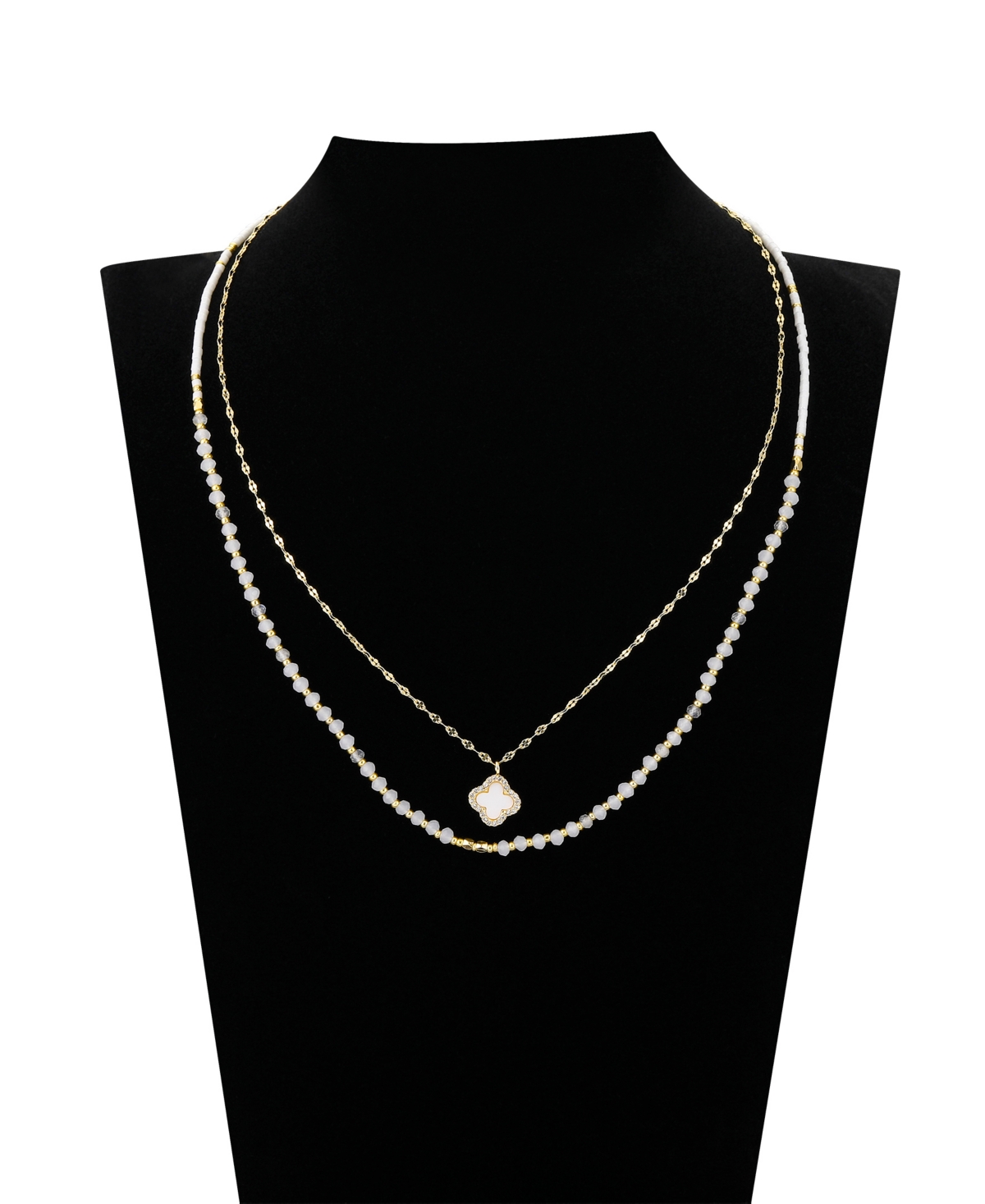 Unwritten Labradorite Stone Mother Of Pearl And Cubic Zirconia Clover Layered Necklace Set