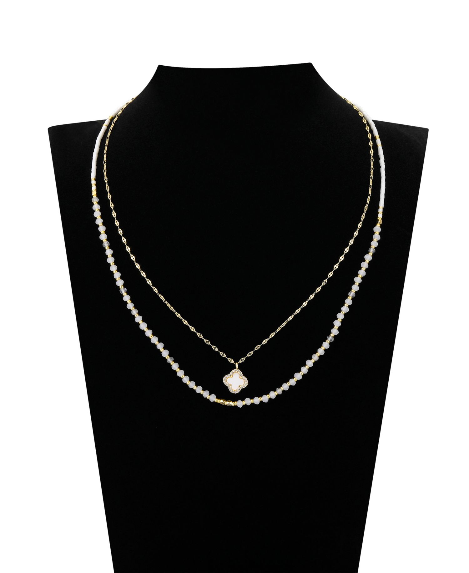 Labradorite Stone Mother of Pearl and Cubic Zirconia Clover Layered Necklace Set