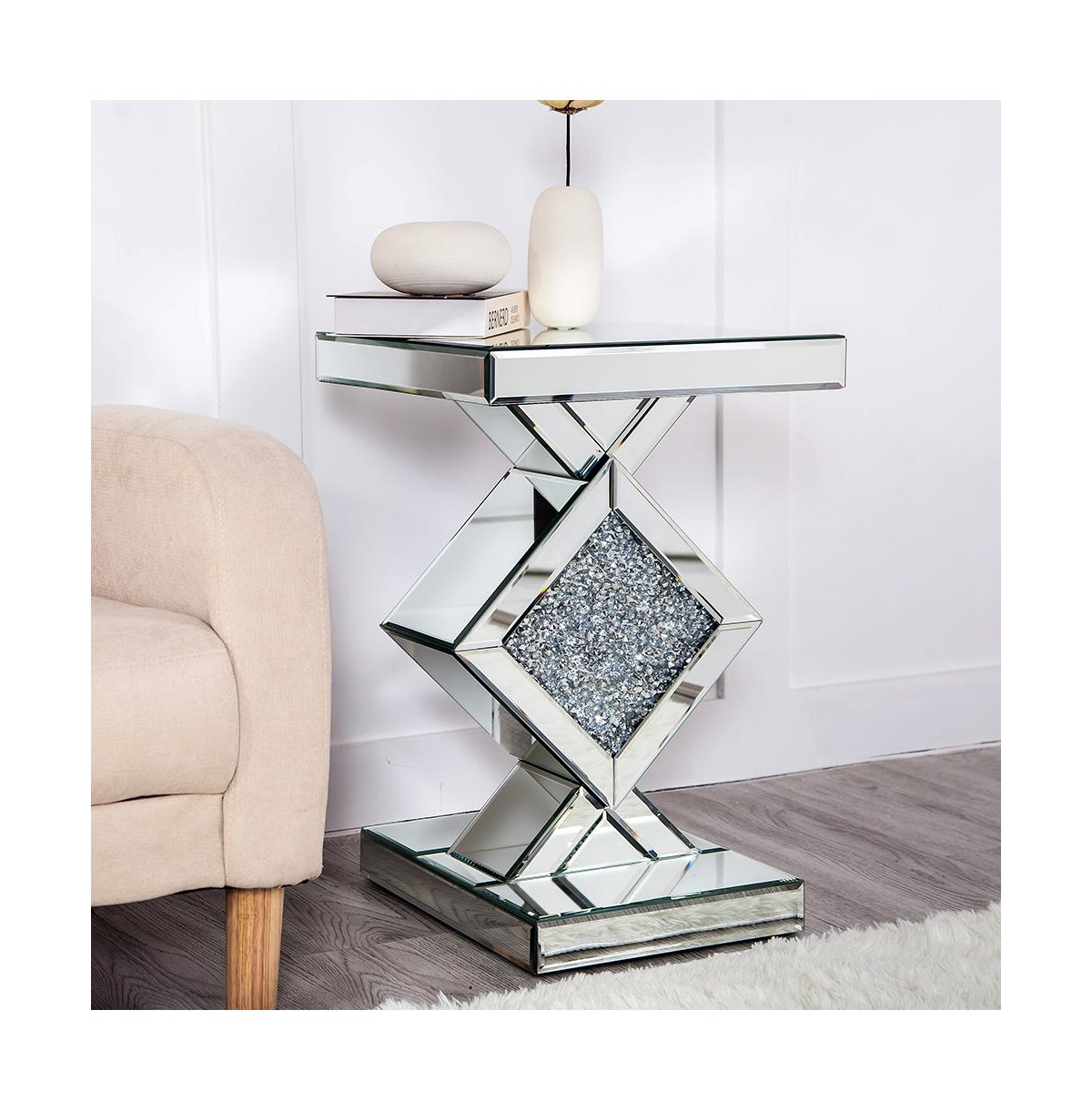 Mirrored Glass End Table with Faux Crystals for Living Room or Bedroom