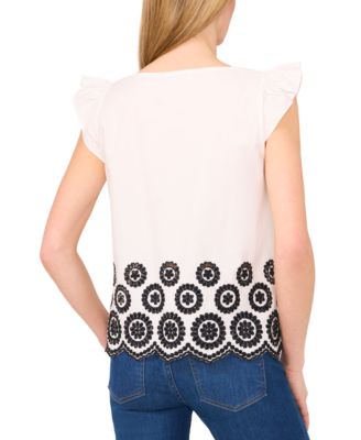 Women's Contrast Embroidered Cotton Cap-Sleeve Blouse