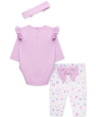 Baby Girls Pretty Bows Cotton Headband, Bodysuit & Pants Set 