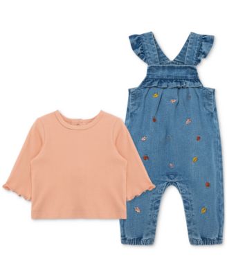 Little Me - Baby Girls Leaves Woven Denim Overall & Top Set