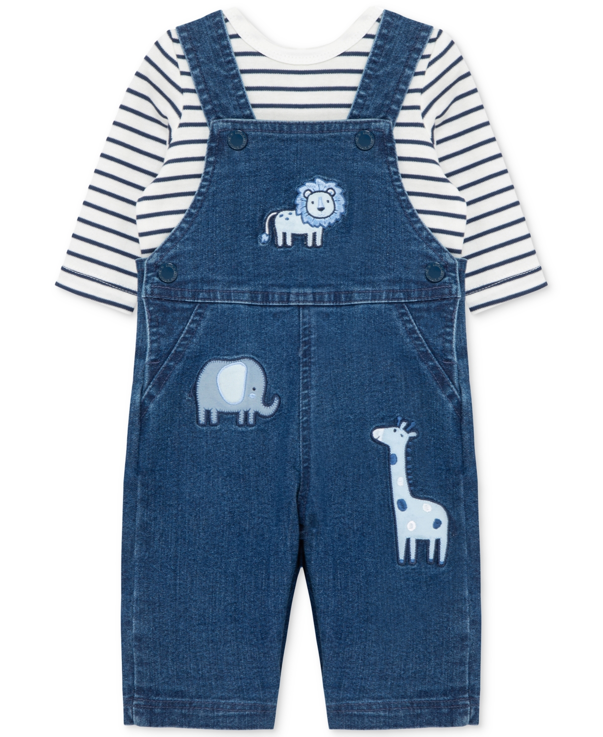Little Me Safari Embroidered Overalls & Stripe Shirt Set In Blue