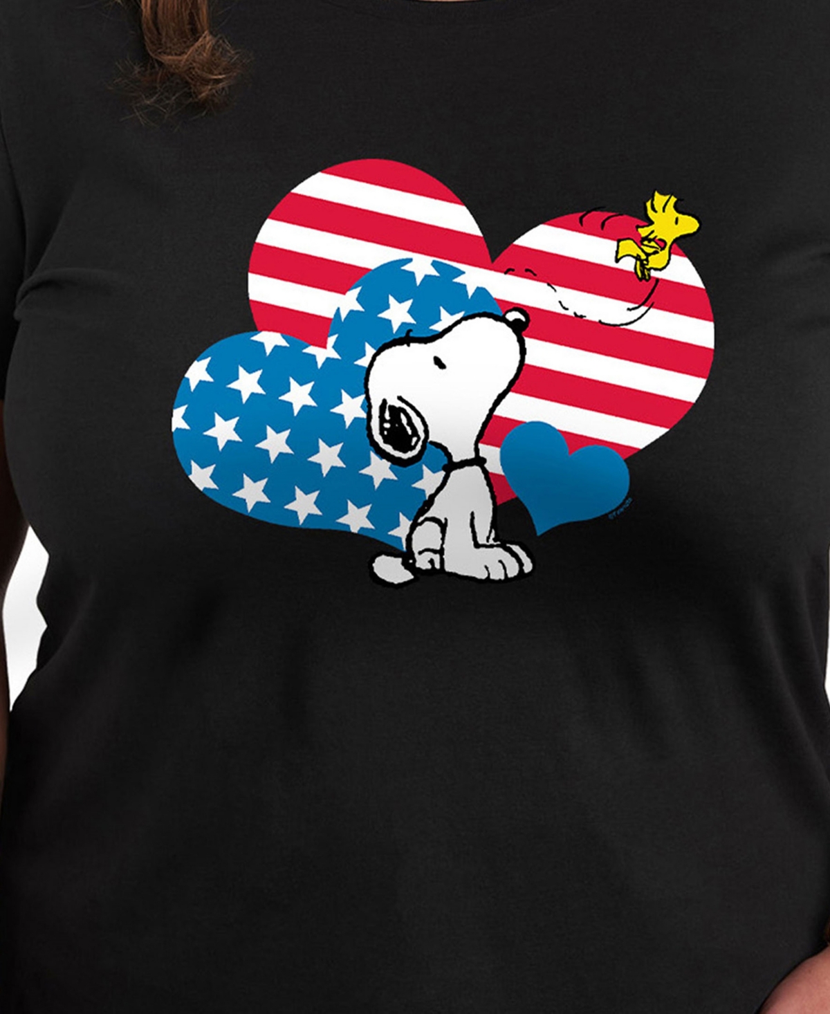 Hybrid Apparel Plus Size Peanuts Americana Hearts Snoopy Graphic Crew Neck T-shirt In Black