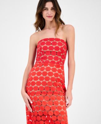 Women's Dotted Lace Strapless Midi Dress