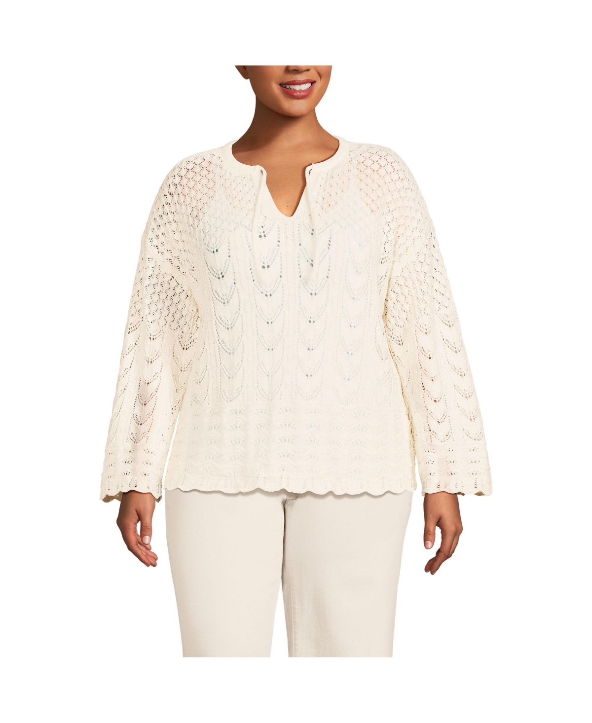Plus Size Cotton Boucle Pointelle Notch Neck Sweater - Fresh ivory