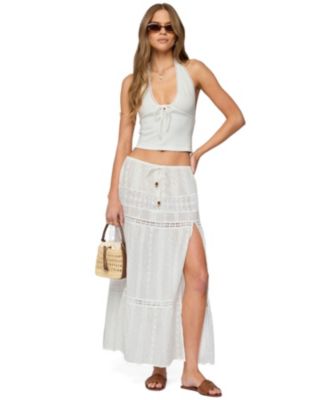 Women's Embroidered Cotton Lace Slitted Maxi Skirt