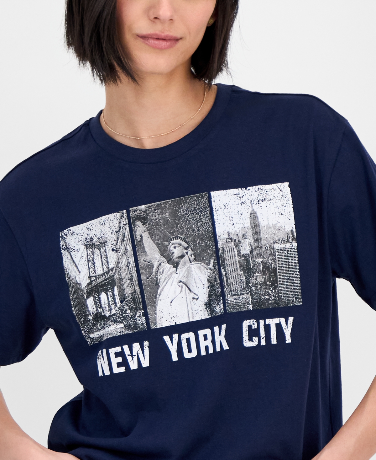 Rebellious One Juniors' Nyc Graphic Cropped T-shirt In Blue