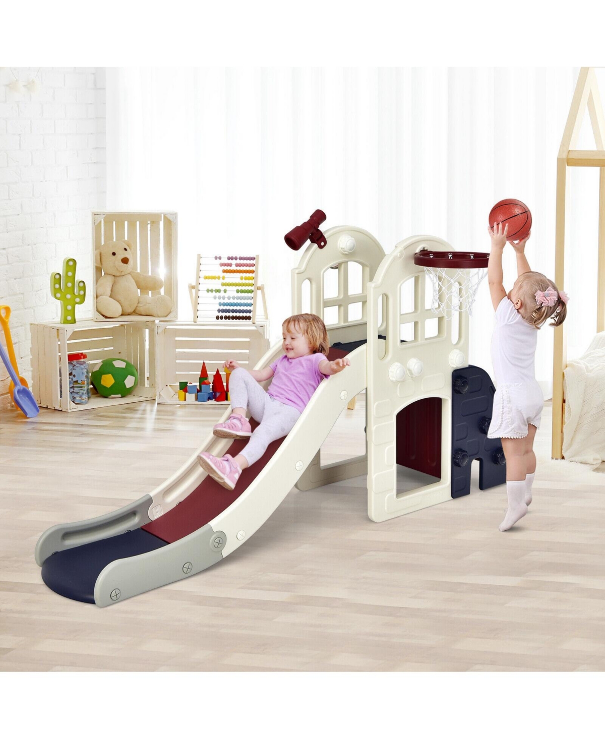 6-in-1 Toddler Climber Slide Playset with Basketball Hoop