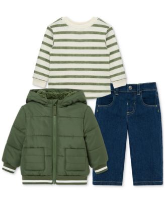 Little Me - Baby Boys Hooded Jacket, Striped T-Shirt & Denim Pants, 3 Piece Set