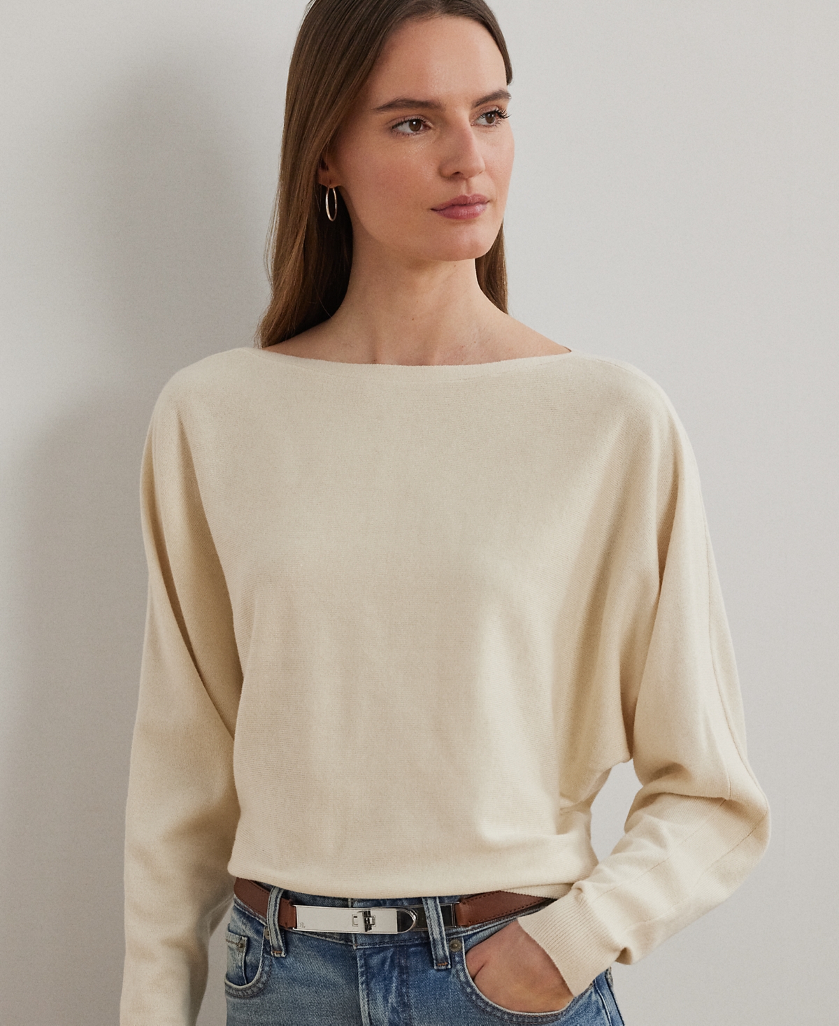 Ralph Lauren Petite Cotton-blend Dolman-sleeve Sweater In Brown