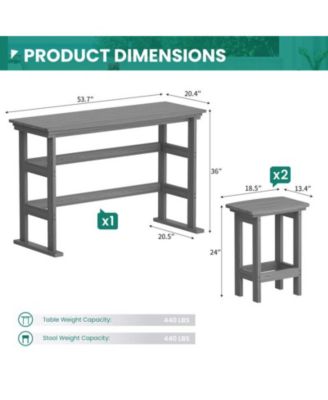 3-Piece HDPE Plastic Outdoor Patio Rectangle Bar Height Bistro Dining Set in Gray