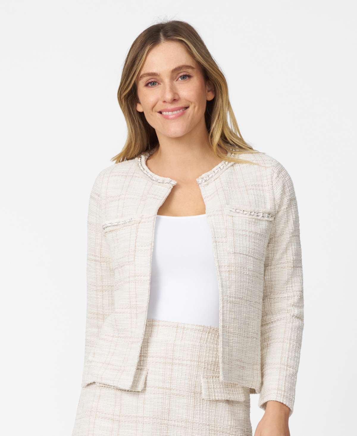 Women's Chain Detail Boucle Lady Jacket - White and tan boucle