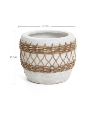 Boho White with Brown Accents 12.2-Inch Round MgO Planter