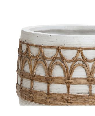 Boho White with Brown Accents 11-Inch Round MgO Planter