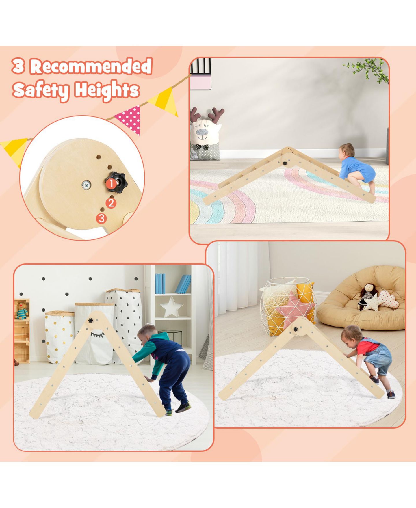 Детские игрушки Mecale 3-in-1 Climbing Set Wood Adjustable Foldable Triangle Set, Ages 3+, цвет: Натуральный — фото 9