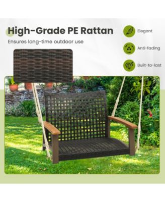 Single Rattan Porch Swing with Armrests Cushion and Hanging Ropes
