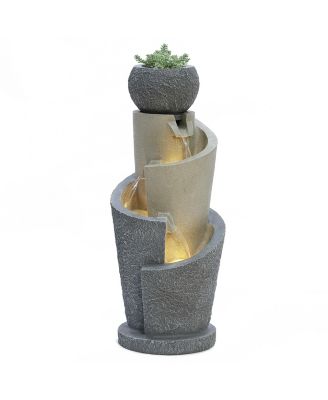 Gray Resin Cascading Spiral Outdoor Fountain with LED Lights