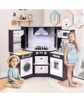 Wooden Kids Play Kitchen Playset with Realistic Lights and Sounds