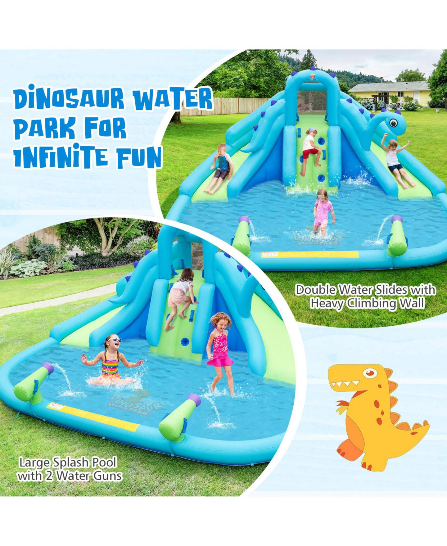 Детские игрушки Mecale Dinosaur-Themed Dual Slides Inflatable Water Slide, Ages 3-10, цвет: Синий — фото 4