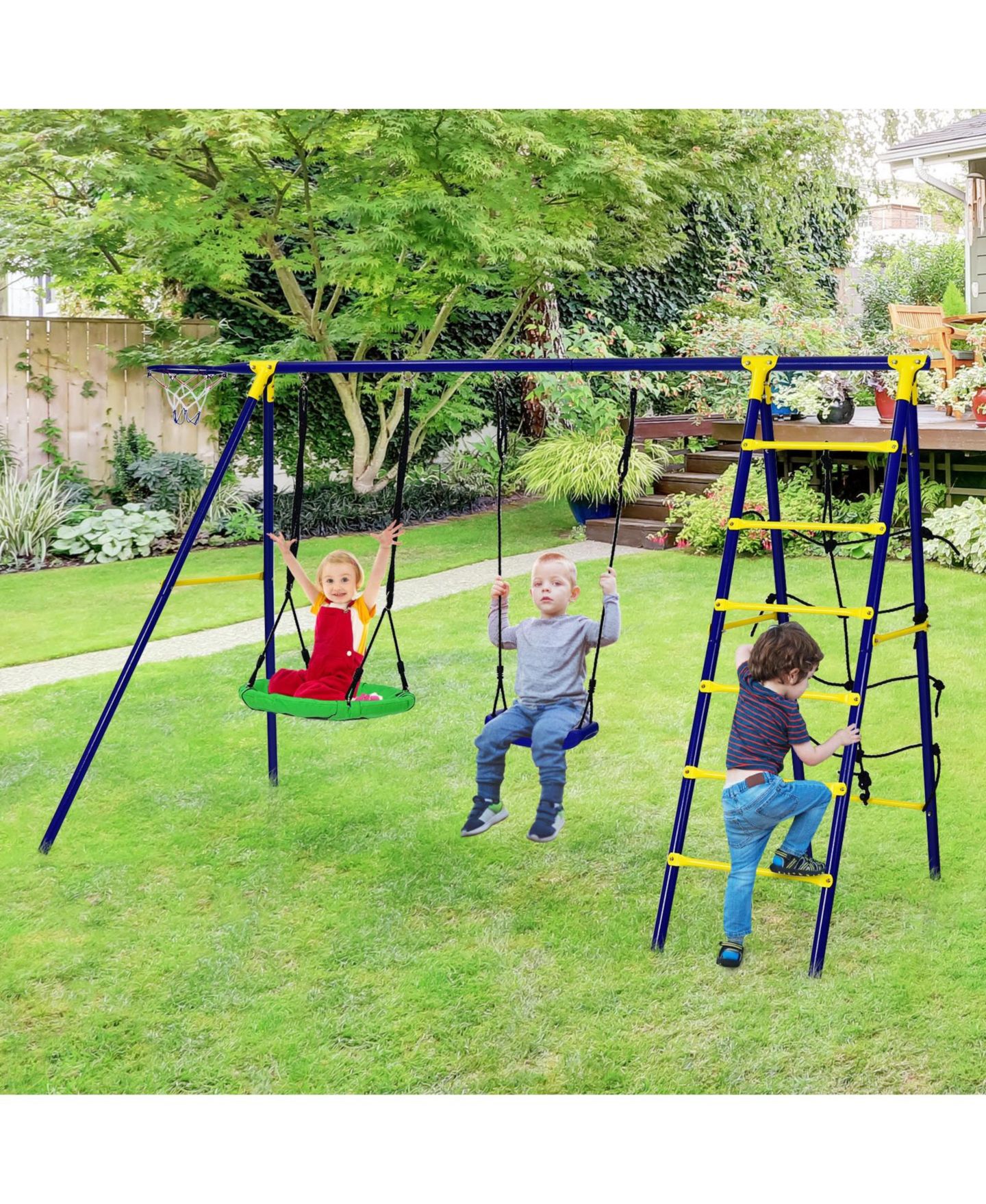Детские игрушки Mecale 5-in-1 Metal Swing Set with Adjustable Swings, Basketball Hoop & Climbing Ladder, Ages 4+, цвет: Синий — фото 3