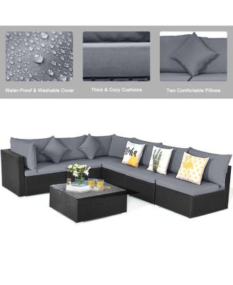 7 Pieces Sectional Wicker Furniture Sofa Set with Tempered Glass Top Coffee Table