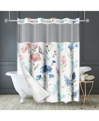 Hookless Floral Shower Curtain with Sheer Panel, Snap-In Liner & Grommets, 72" x 75"