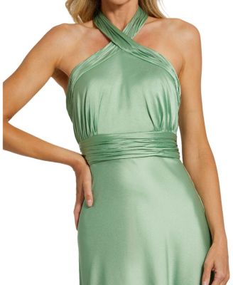 Women's Ruched Halter Neck Tie Back Satin Gown