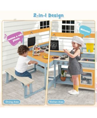 Fir Wood Play Kitchen with Kids Picnic Table and Built-in Bench