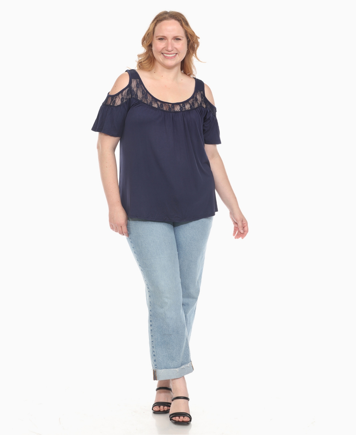 White Mark Plus Size Cold Shoulder Lace Trim Knit Top