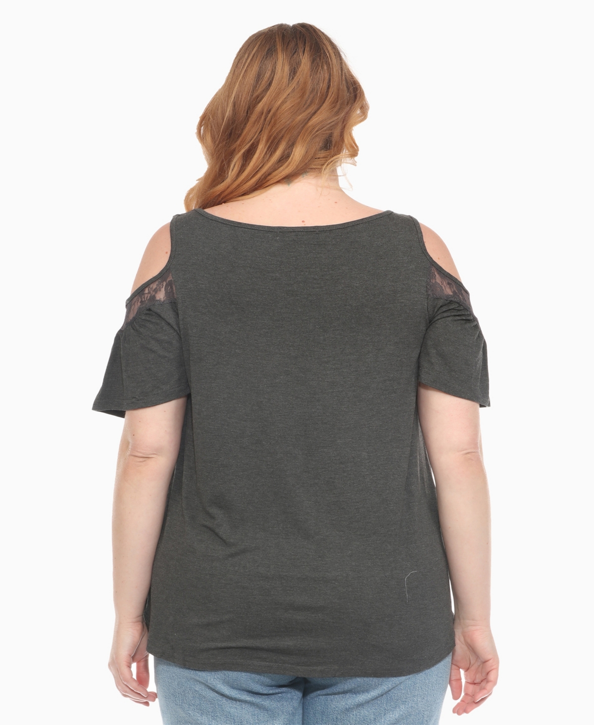 White Mark Plus Size Cold Shoulder Lace Trim Knit Top
