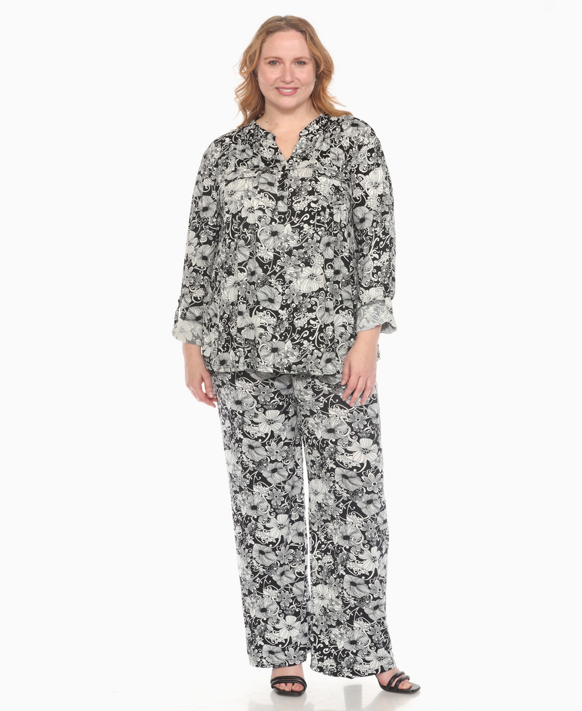 WHITE MARK PLUS SIZE 2-PIECE FLORAL PRINT TUNIC TOP AND PANTS SET 