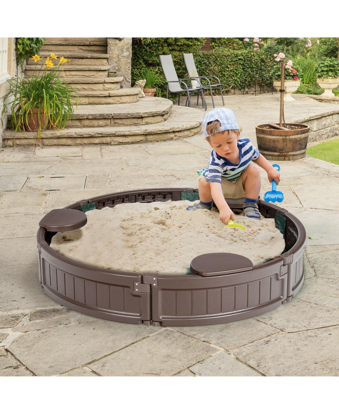 Детская игрушка Mecale 47" x 47" Sandbox with Built-in Corner Seats and Dust-Proof Cover, Ages 3+, цвет: Коричневый — фото 3