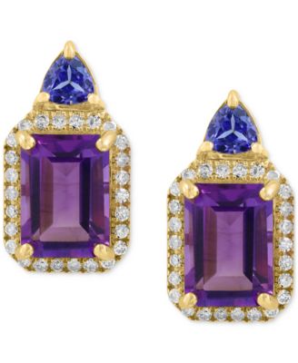EFFY&reg; Amethyst (2 ct. t.w.), Tanzanite (1/5 ct. t.w.), & Diamond (1/6 ct. t.w.) Halo Stud Earrings in 14k Gold