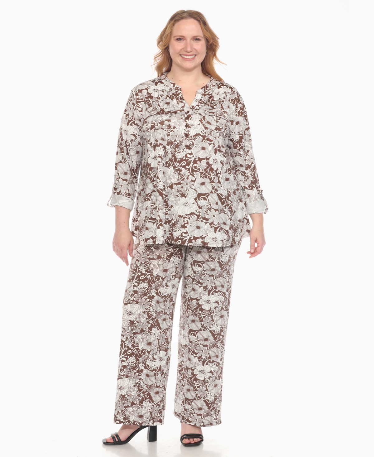 White Mark Plus Size 2-piece Floral Print Tunic Top And Pants Set