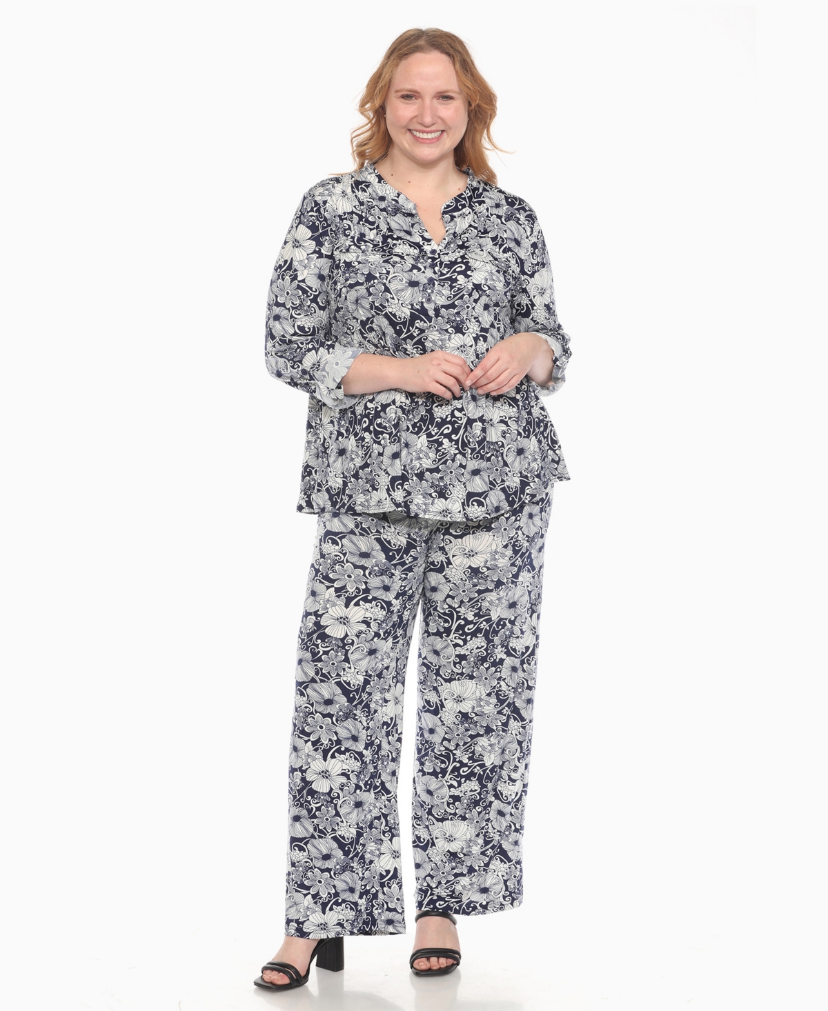 WHITE MARK PLUS SIZE 2-PIECE FLORAL PRINT TUNIC TOP AND PANTS SET 