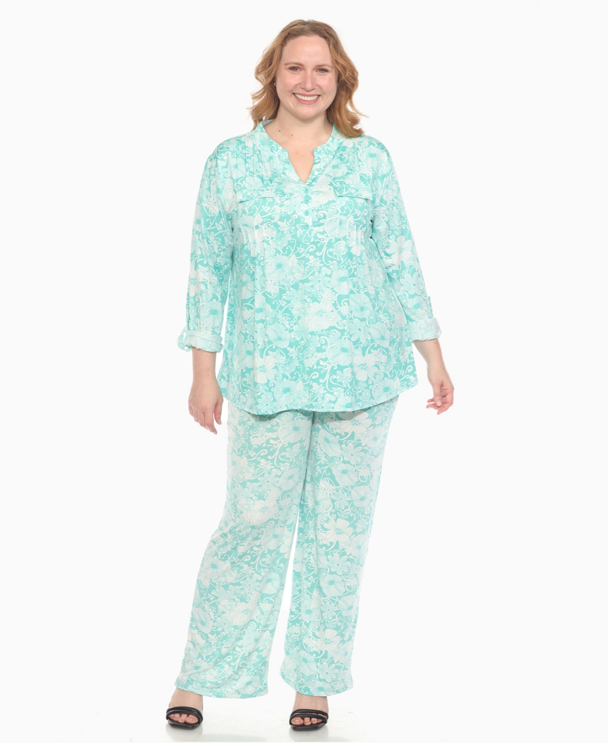 WHITE MARK PLUS SIZE 2-PIECE FLORAL PRINT TUNIC TOP AND PANTS SET 