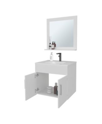 Slater Floating Bathroom Vanity Set with Sink, Two-Door Cabinet, and Mirror,White